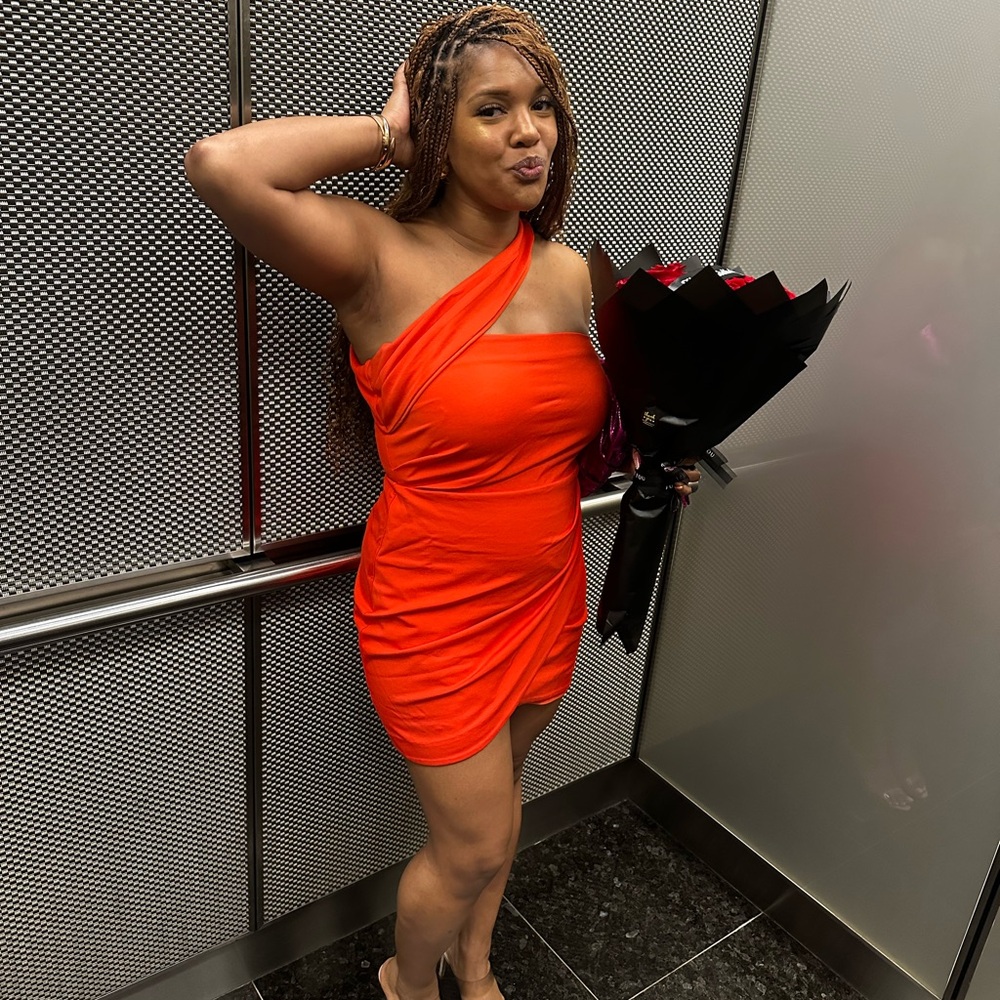 Michael Costello Orange Asymmetrical Ruched One Shoulder Dress